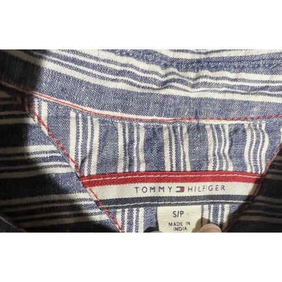 Tommy Hilfiger Denim Chambray White Striped Roll Tab Sleeve Belted Shirt Dress S - Picture 6 of 6